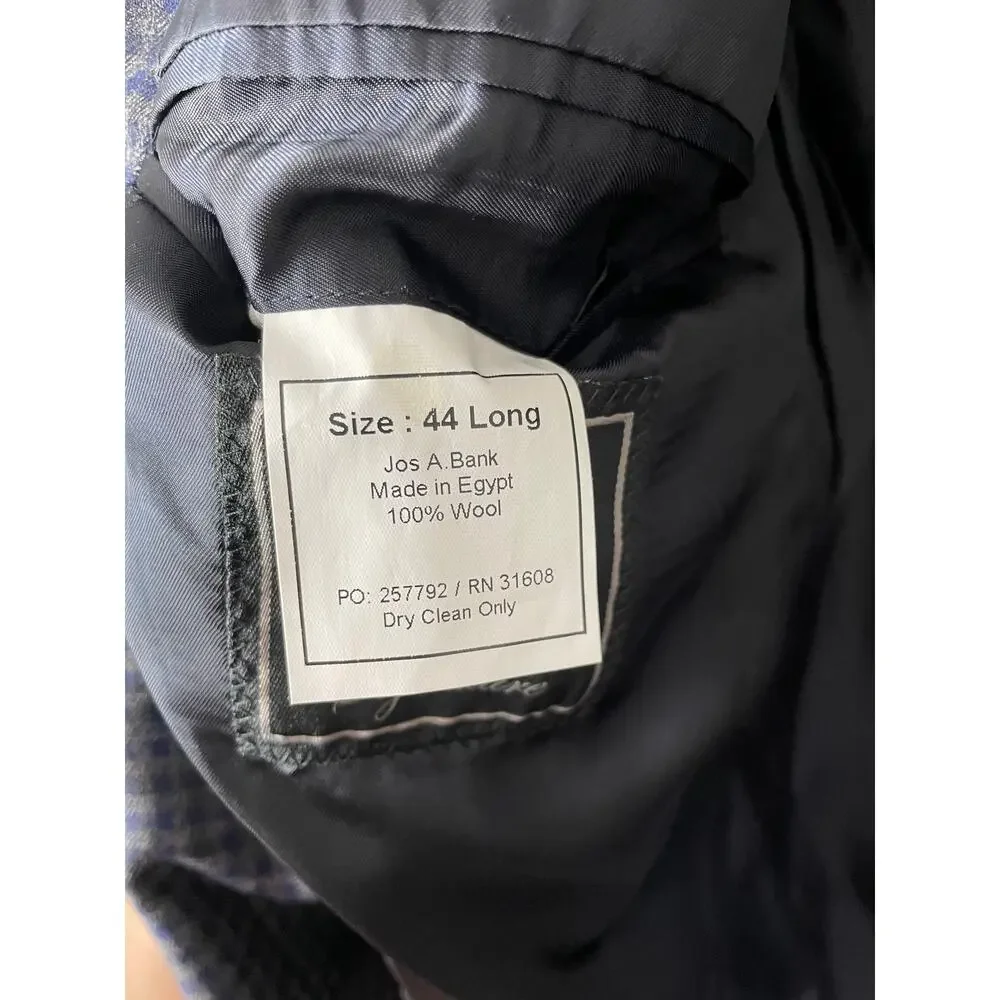 Jos A. Banks Wool Tailored Fit Blazer Men's 44 Long Check Plaid Sportscoat